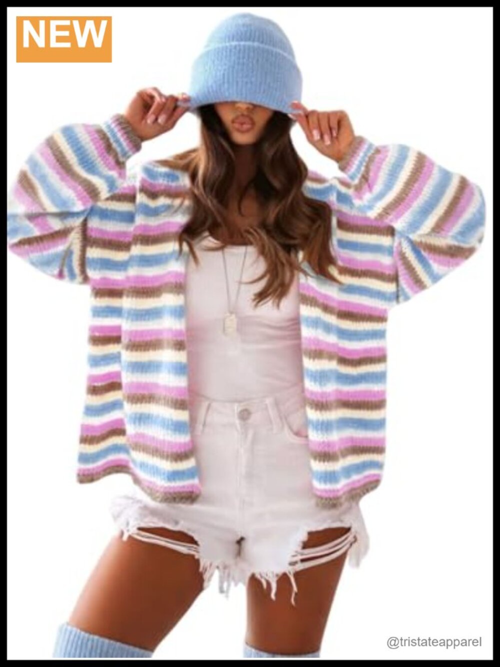Oversized Striped Chunky Knit Cardigan Open Front V-Neck Midi Cardigan